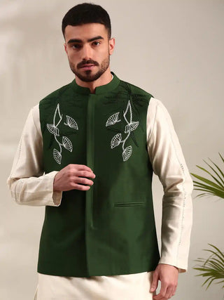 Bottle green cotton silk nehru jacket