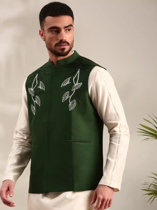 Bottle green cotton silk nehru jacket