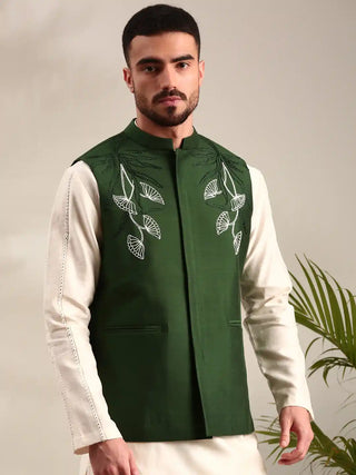 Bottle green cotton silk nehru jacket