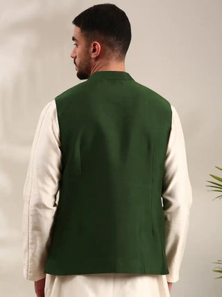 Bottle green cotton silk nehru jacket