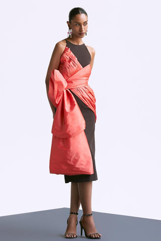 Brown fitted draped reim dress with bow detail