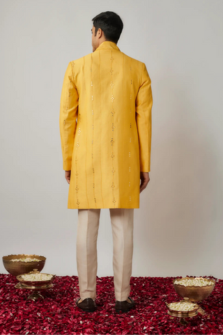 Yellow shawl collar, mirror embroidered jacket with kurta and ivory pants