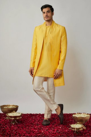 Yellow shawl collar, mirror embroidered jacket with kurta and ivory pants