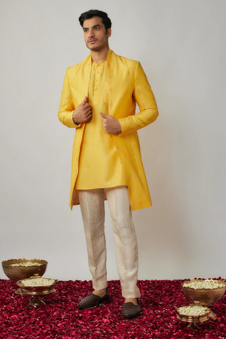 Yellow shawl collar, mirror embroidered jacket with kurta and ivory pants