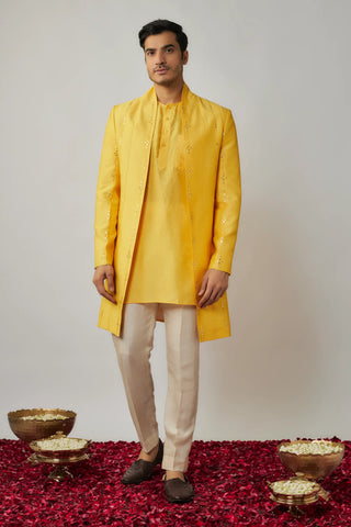 Yellow shawl collar, mirror embroidered jacket with kurta and ivory pants