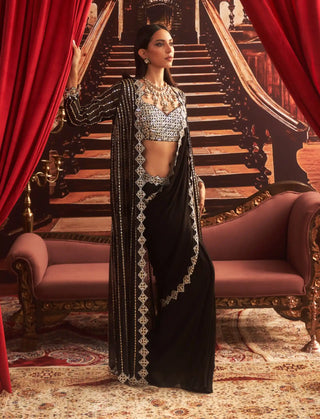 Naina black embellished choli, jacket and pre-draped saree