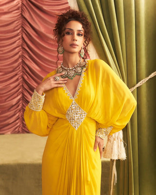 Kavita yellow embellished draped full length dress