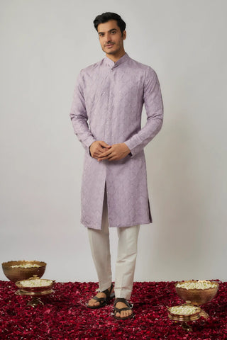 Lilac achkan with thread embroidery and ivory pants