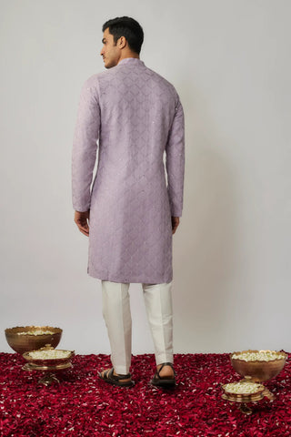 Lilac achkan with thread embroidery and ivory pants