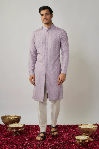 Lilac achkan with thread embroidery and ivory pants