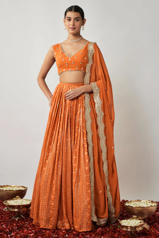 Saffron orange sequin and thread embroidered georgette lehenga set