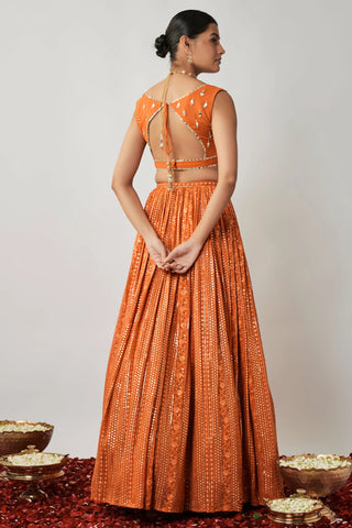 Saffron orange sequin and thread embroidered georgette lehenga set