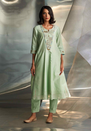 Mint green chanderi flared kurta set