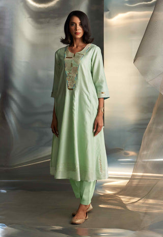 Mint green chanderi flared kurta set