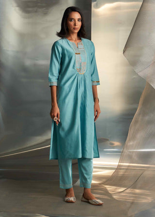 Powder blue chanderi flowy kurta set