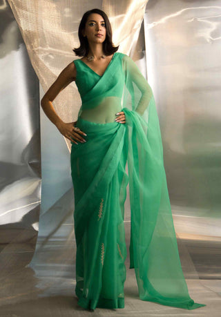 Lush green saree and sleeveless blouse