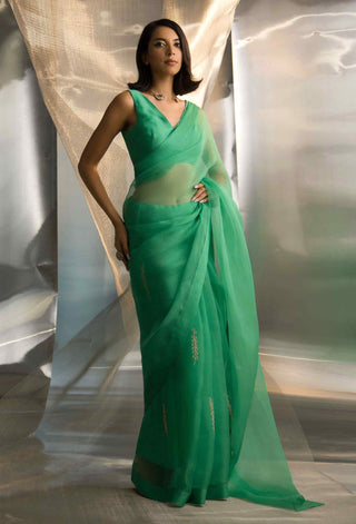 Lush green saree and sleeveless blouse