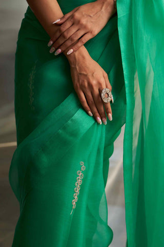 Lush green saree and sleeveless blouse