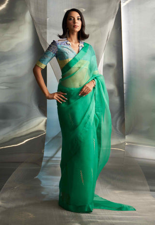 Lush green saree with multicolor blouse