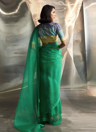 Lush green saree with multicolor blouse