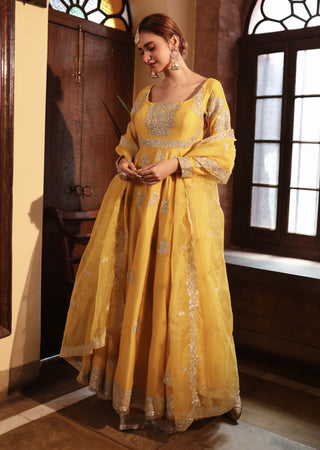 Mustard embroidered angrakha gown set