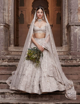 Beige silver needle holy trinity lehenga set