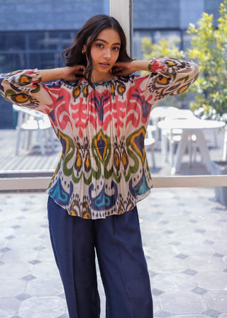 Multicolor ikat top with blue pants