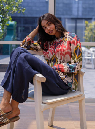 Multicolor ikat top with blue pants