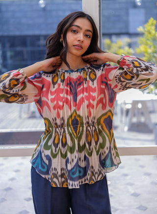 Multicolor ikat top with blue pants