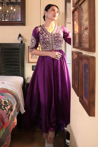 Purple embroidered tunic gown and bottoms