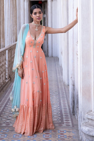 Tangerine anarkali gown set