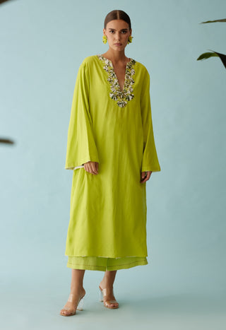 Lime green embroidery flower kaftan and pants