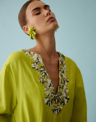 Lime green embroidery flower kaftan and pants