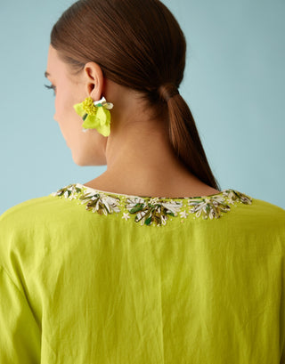 Lime green embroidery flower kaftan and pants