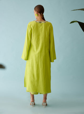 Lime green embroidery flower kaftan and pants