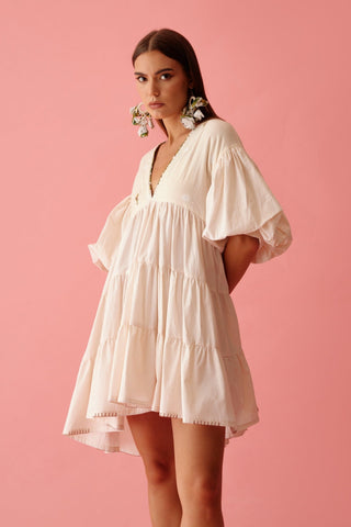 Cream solid bubble sleeves tier dress