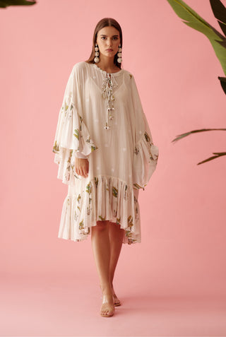 Cream handwoven jamdani cotton frill dress