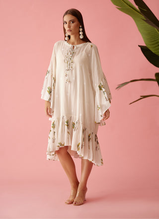 Cream handwoven jamdani cotton frill dress