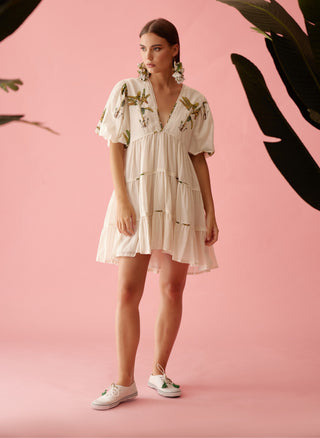 Cream bubble sleeves tier dress