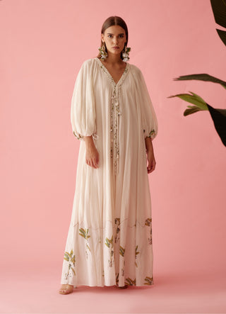 Cream cotton bubble sleeves maxi dress