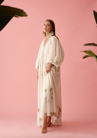 Cream cotton bubble sleeves maxi dress