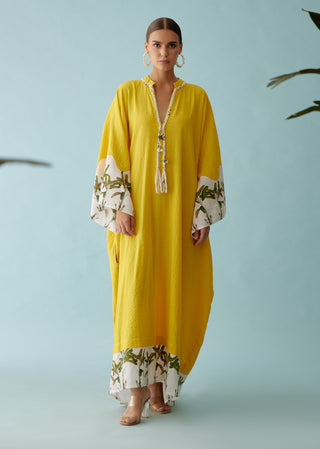 Yellow hand-braided tassels kaftan dress