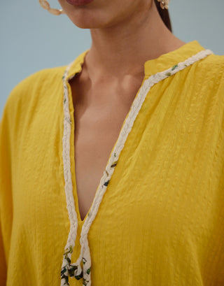 Yellow hand-braided tassels kaftan dress