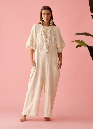 Cream fringe neckline jumpsuit