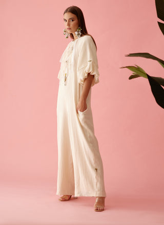 Cream fringe neckline jumpsuit