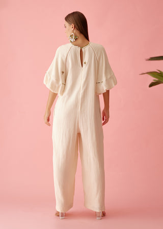 Cream fringe neckline jumpsuit