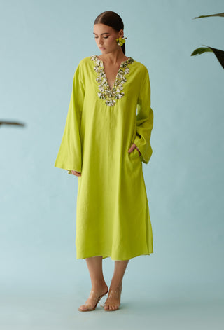 Lime green embroidery flower kaftan