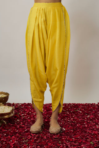 Lemon yellow mirror, sequin and zari embroidered kurta dhoti set