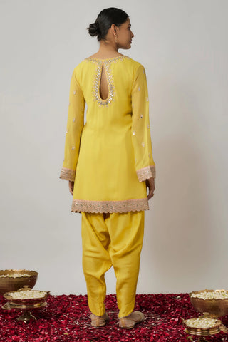 Lemon yellow mirror, sequin and zari embroidered kurta dhoti set