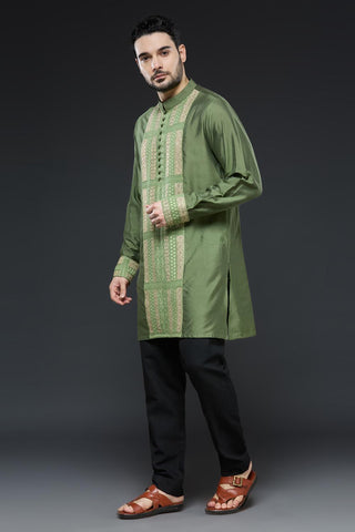 Mehendi green cotton silk kurta with black slim pant set